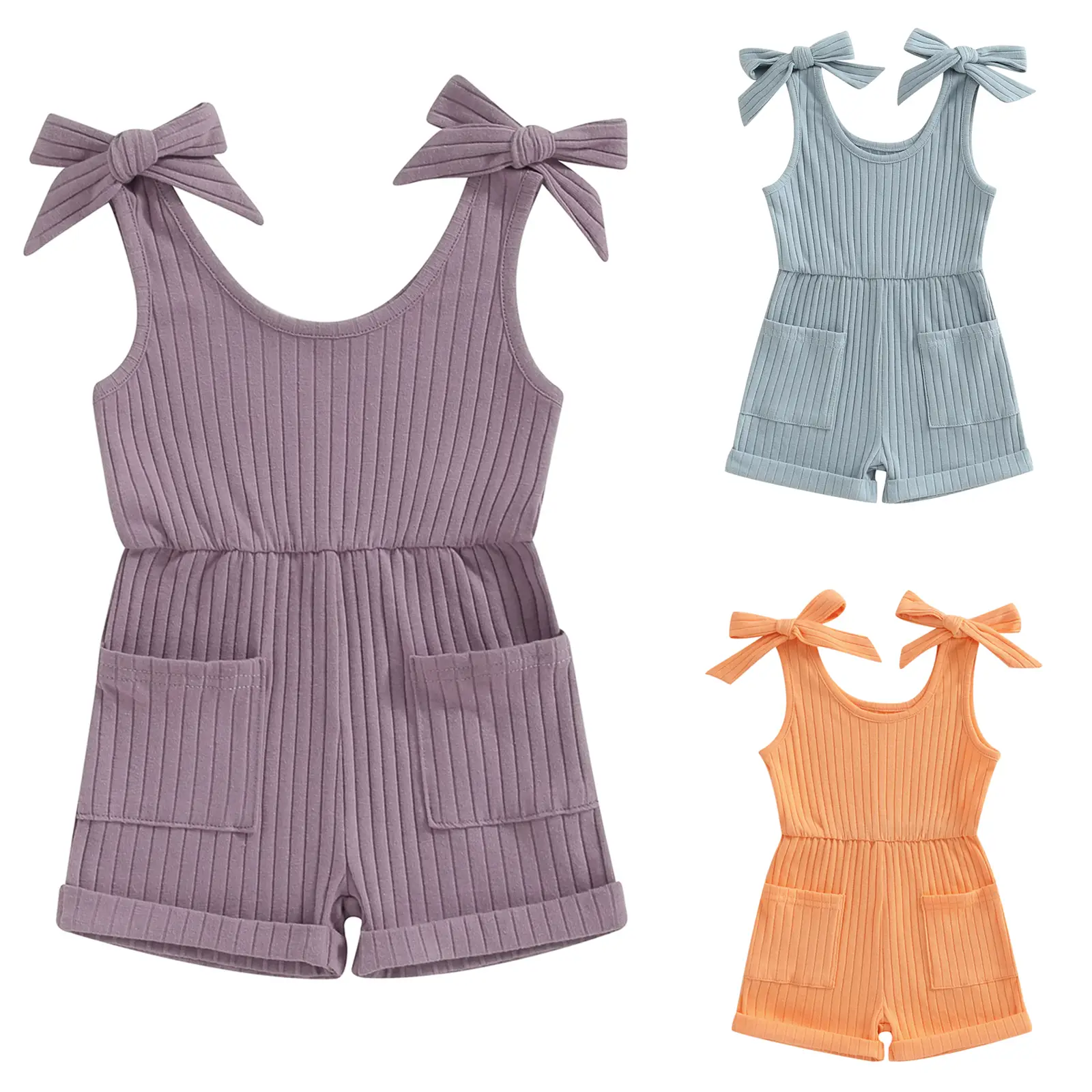 Toddler Baby Girl Summer Clothes Sleeveless Ribbed Knitted Jumpsuit Shorts Overalls Outfit with Pockets #Springtok