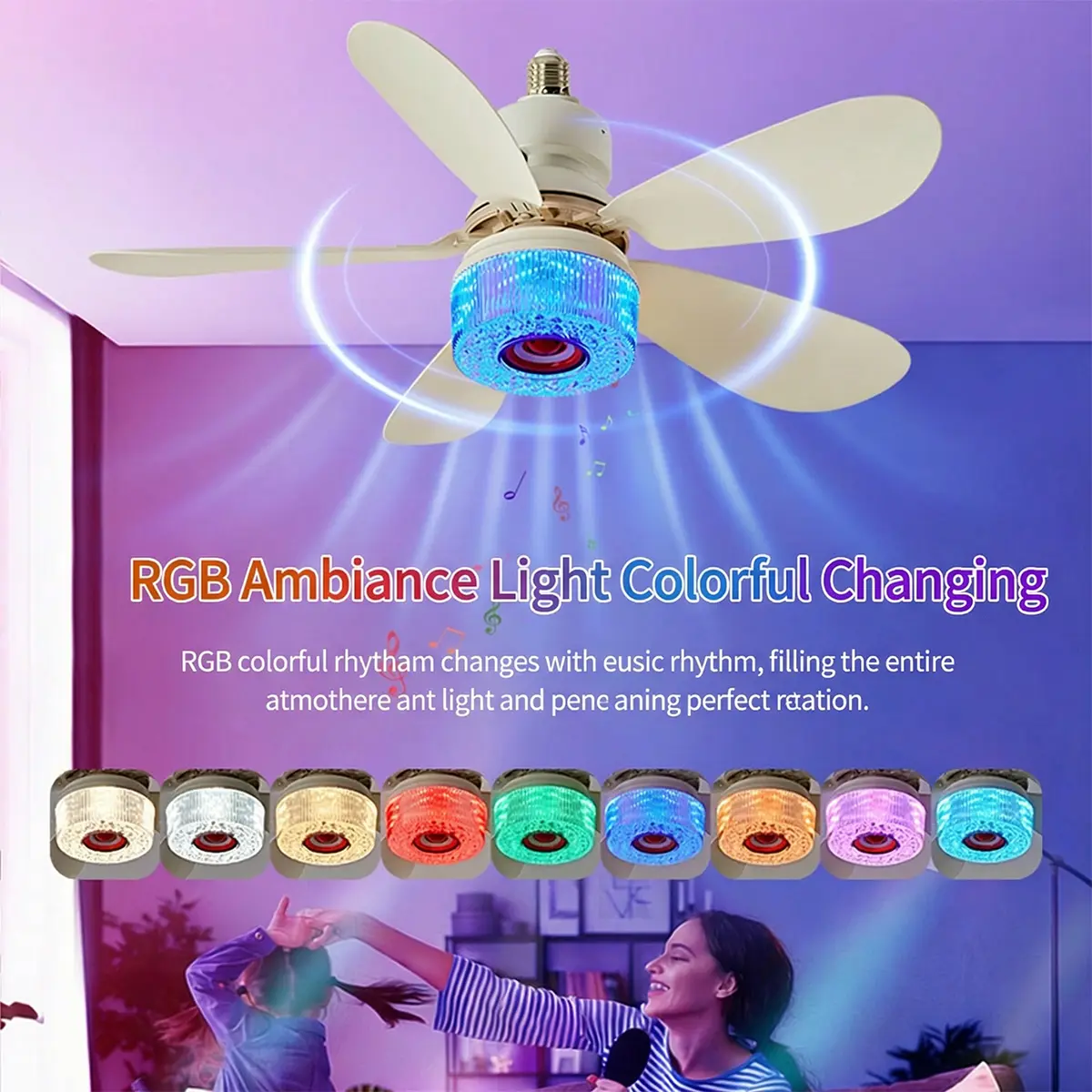 Crystal Ceiling Fan with Speaker,Remote/APP Control, 3 Fan Speeds RGB-LED Light, Atmosphere Lighting Ambient Decoration Lamp, Excellent Gifts Changing Nightlight