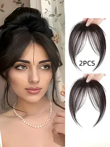 2-Pack Elegant Women's Natural Look Clip-In Bangs, 8-Inch Straight Hair, High-Temp Fiber, Daily Wear, Versatile Hair Accessory, Synthetic Extensions