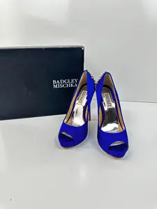Badgley Mischka - Kiara Crystal Pumps, Peep Toe, Sapphire Satin, Size 6, Women's