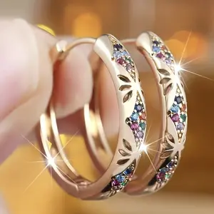 Vintage Star & Moon Hoop Earrings for Women, Gold Plated Hollow Hoop Earrings with Colorful Zircon Rhinestone, Fashion Statement Jewelry, Trendy All-Match Earrings for Birthday Gift