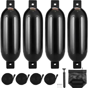 VEVOR Boat Fenders, 5.5x 20 Boat Bumpers for Docking, Inflatable Ribbed Fender with Center Holes, Marine Boat Dock Fender Bumper with Air Pump, 4 Needles and 4 Ropes and Storage Bag, Black
