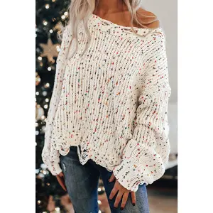 White Colorful Confetti Distressed Knit Sweater