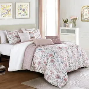 Luxury 7-Piece Comforter Set - Exquisite Embroidery and Printed Floral Patterns, Soft Microfiber, Breathable, Easy to Care for, Includes Queen & King & Cal-King Sizes