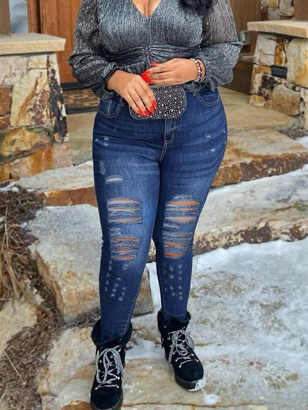 Plus Size High Waisted Denim Jeans, Sexy Tight-Fitting Casual Ripped Skinny Pants, Washable Stretchy Women's Fashion for All Seasons