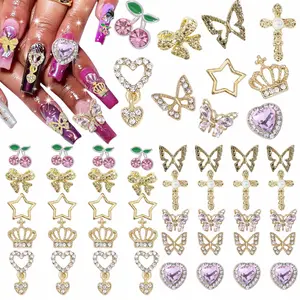40 Piece Gold Rhinestone Ocean Heart Butterfly Star Alloy DIY Nail Decorations, Cherry Heart Pendant Manicure Set Bling Rhinestone Decoration