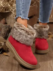 Women's Fashion Round Toe Lace-Up Faux Fur Short Boots, Comfortable Elegant Design for Fall & Winter, Stylish Above Ankle Shoes
