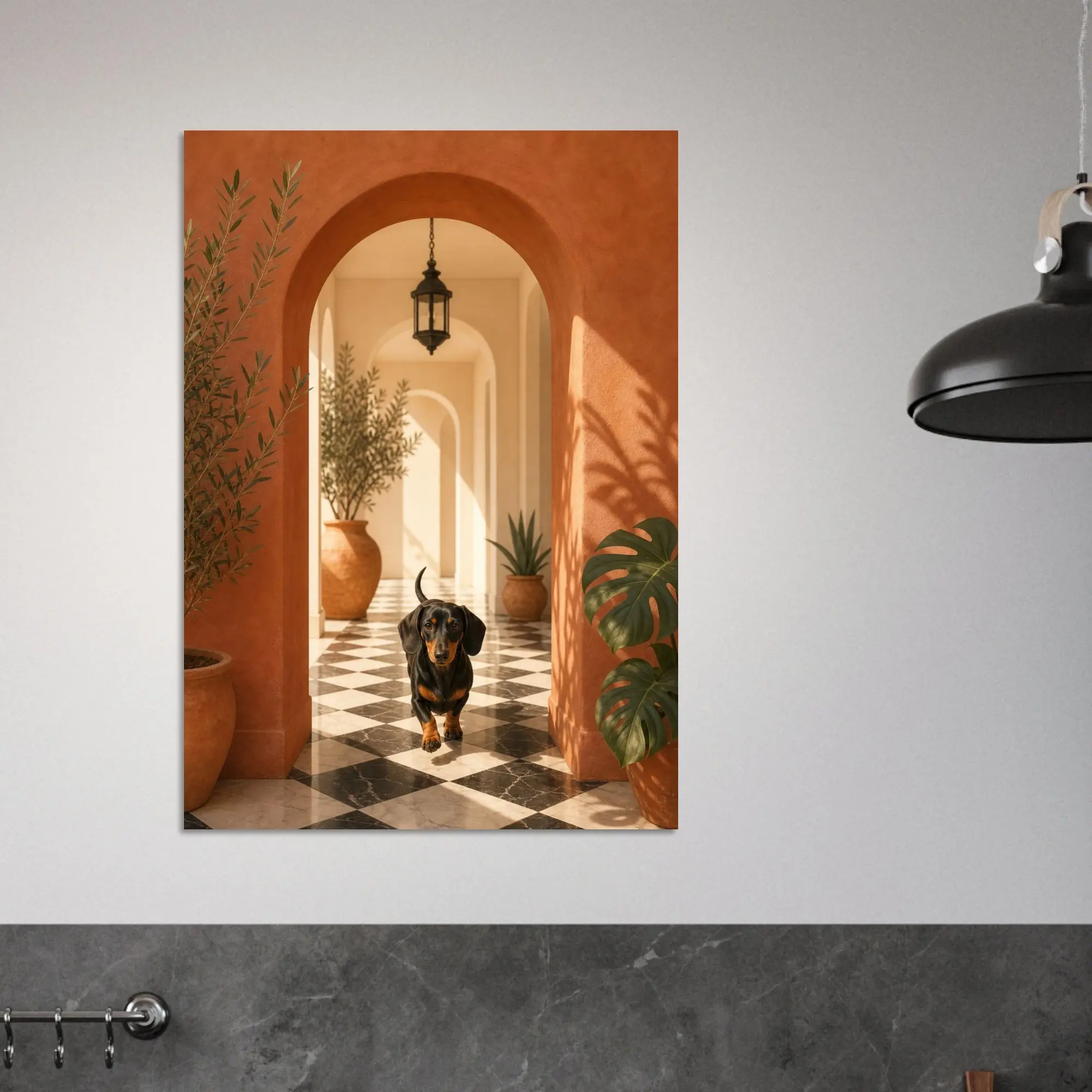 Dachshund Poster, Wiener Dog Art, Terracotta Archway Print, Minimalist Pet Illustration, Modern Home Decor,