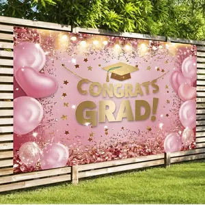 1PC,2D Flat Backdrop Graduation Season Decorative Backdrop, Pink Balloons Stars Gold Ribbon Bachelor Cap Themed Background, Graduation Ceremony Party Decoration Photo Prop, Decorative Cloth for Graduat