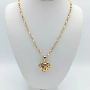 Women's rolo style necklace with romantic openwork heart pendant, chain measuring 20", heart with flowers, gold plated, 14k high quality
