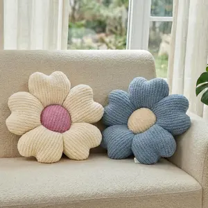 2 Pcs Blue Decorative Throw Pillows 15'' Cute Daisy Flower Shaped Pillow Floor Seating Cushion for Bed Couch Bedroom Dorm Decor (Blue & Ivory)