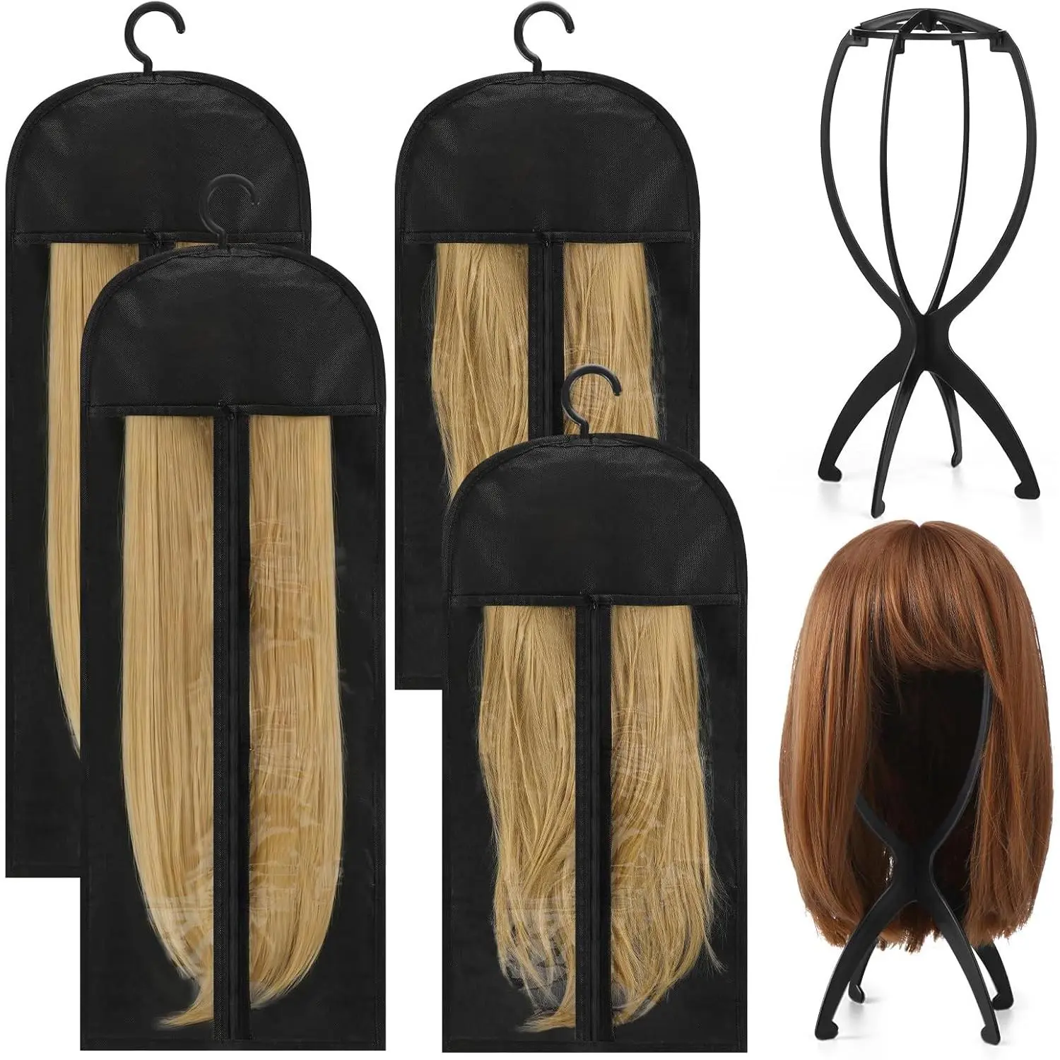 Wig Storage Bags with Wig  Stand, Travel Wigs Holder Hat Display for Women Multiple Wigs (6, Black, 24 Inches/ 32Inches)