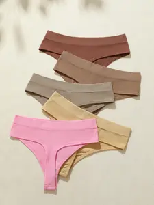 Qresino 5-PackHigh-Waisted Invisible Microfiber Thong Panty Women's Seamless Underwear - Dark Brown, Light Brown, Light Khaki - Nylon & Elastane - Minimalist Style - Comfortable & Stylish - Perfect for Daily Wear