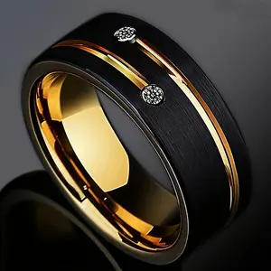 Luxury Wide-Band Ring for Men and Women, Classic and Fashionable, 8mm Stainless Steel, Inlaid with Tiny Synthetic Zirconia, Black Ring Face Features Two White Meteors Crossing the Black Night Sky Leaving a Yellow Trail, Two-Tone Wide