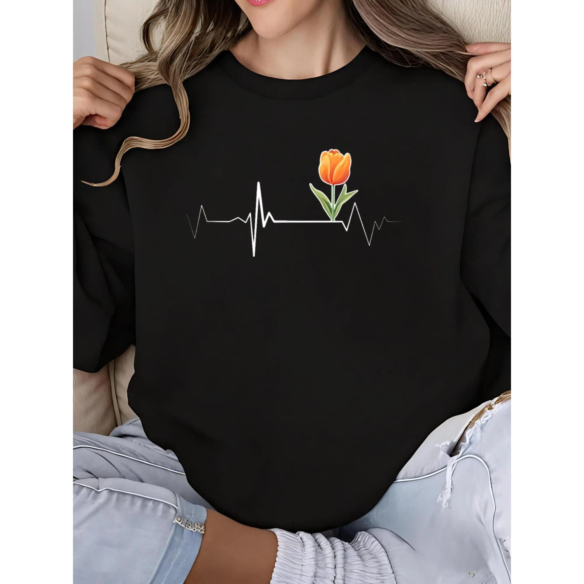 Women's Tulip Heartbeat Floral Print Sweatshirt, Vintage Casual Long Sleeve Round Neck Soft Pullover Top, Fitted, Longsleeves