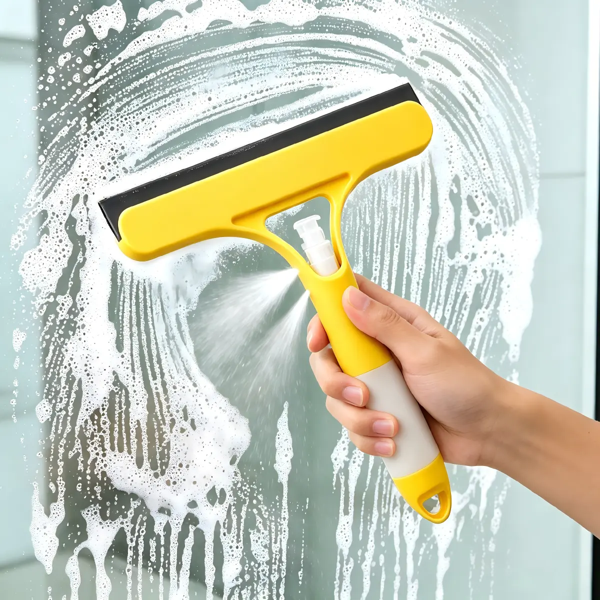 3-in-1 Spray Window Squeegee Scraper, Home Care Cleaning Tool for Windows, Mirrors, White & Yellow