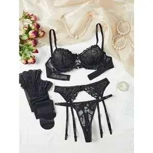 Sexy Black Lingerie Set 5pack Underwire Garter Stockings