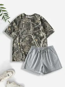 2 Piece Women’s Casual Camouflage Print Short Sleeve T-Shirt and Elastic Waist Gym Shorts Set, Loose Fit Summer, Womenswear Outfit Top