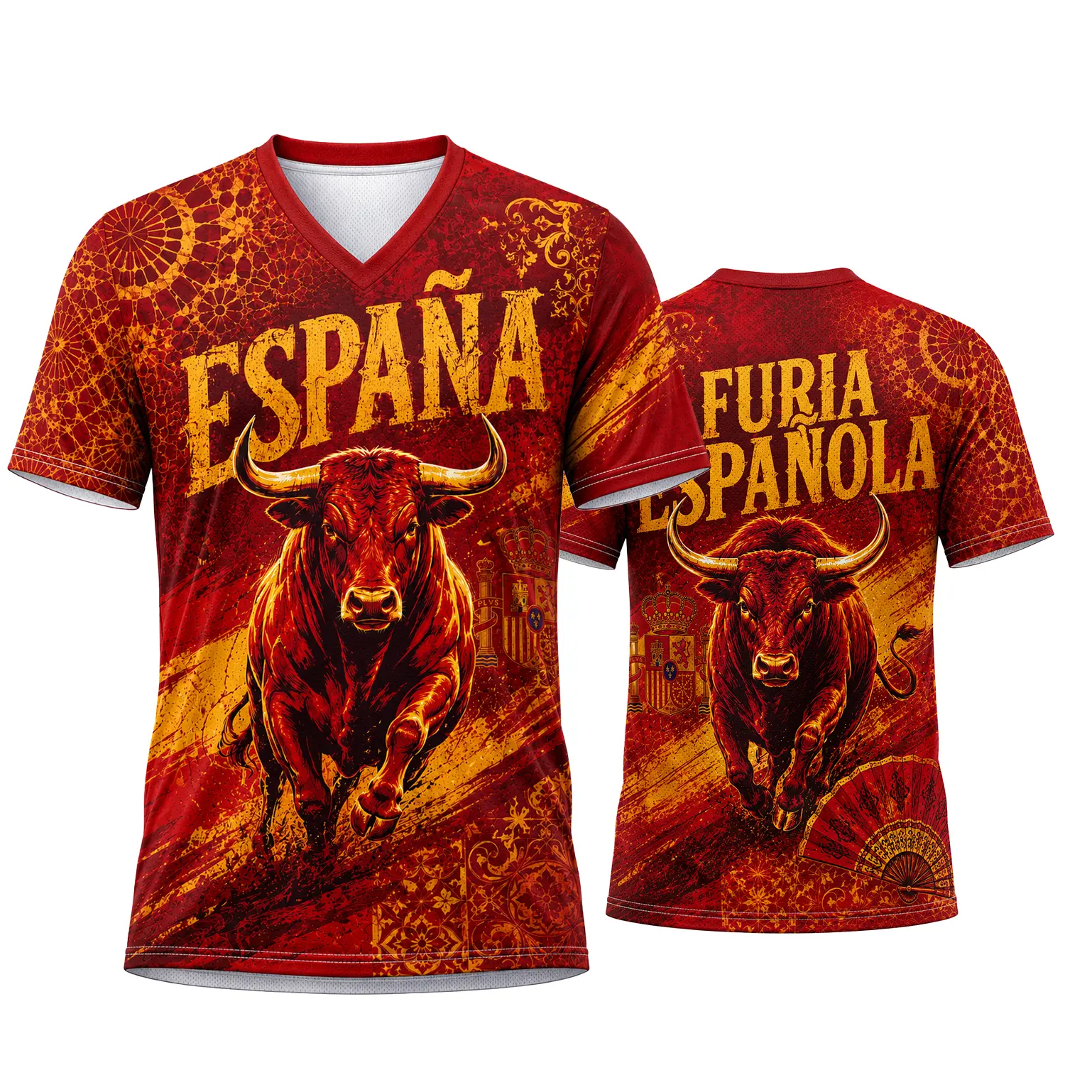 Spain Bull Graphic V-Neck Athletic Shirt, Men Women Red Gold Spanish Heritage Sports Jersey, España Fury Bull Fan Top, Festival Game Day, Size S-5XL