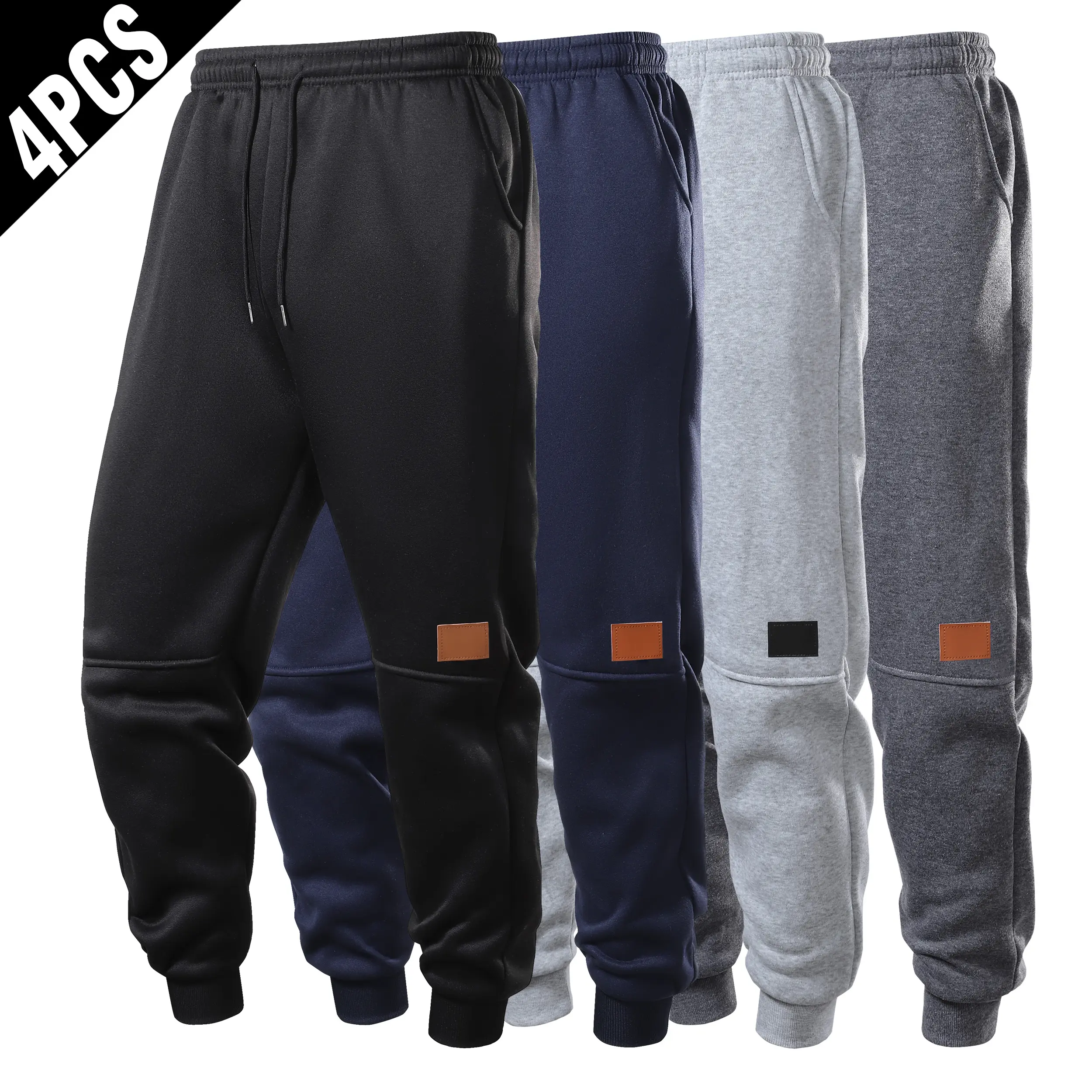 Men's Casual Jogger Pants 4-Pack, Loose Fit Athletic Trousers with Drawstring Waist, Leather Knee Patch & Cuffed Hems, Clothes