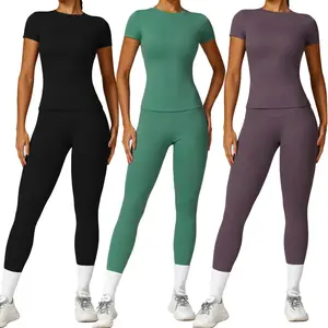 Kabuer Women's 2-Piece Yoga T-Shirt & High-Waisted Leggings Set, Workout Sets for Women, Gym & Outdoor Fitness Athletic Clothing, 2 Piece Sets