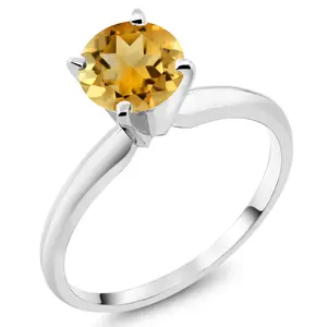 Gem Stone King 14K White Gold Yellow Citrine Solitaire Engagement 4-Prong Ring For Women | 0.80 Cttw | Round 6MM | Gemstone November Birthstone
