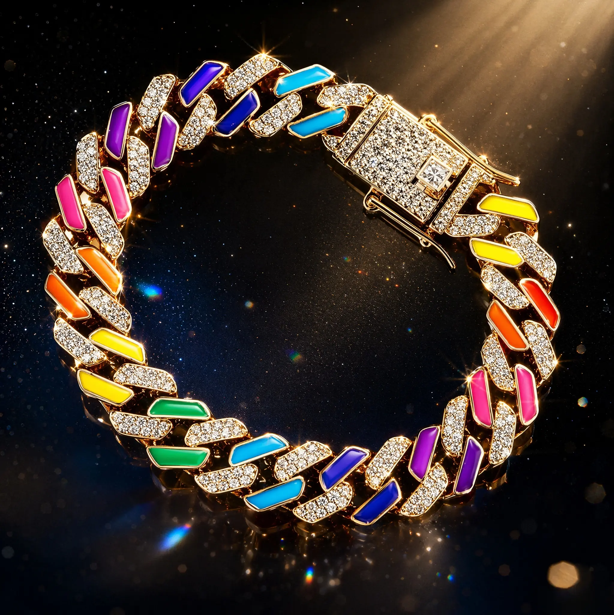 Hip Hop Men Women Alloy Colorful Rainbow Chain Bracelet Bling  Miami Rhombus Cuban Chain Jewelry Excellent Gift Shines at Various Parties Nightclubs