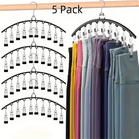 Stainless Steel Athleisure Hangers & Pegs - 5-Pack Adjustable Closet Storage Organizer with 10 Rubber-Coated Clips, Waterproof Hook (Holds 50 Leggings) for Socks, Scarves, Yoga Pants