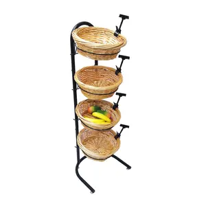 FixtureDisplays® 4 Tier Basket Stand, Sign Clips, Wicker Grocery Store Rack Display, Market Basket Rack Kitchen Toiletry Organizer 15.0" X 16.0 X 47.0" 15603
