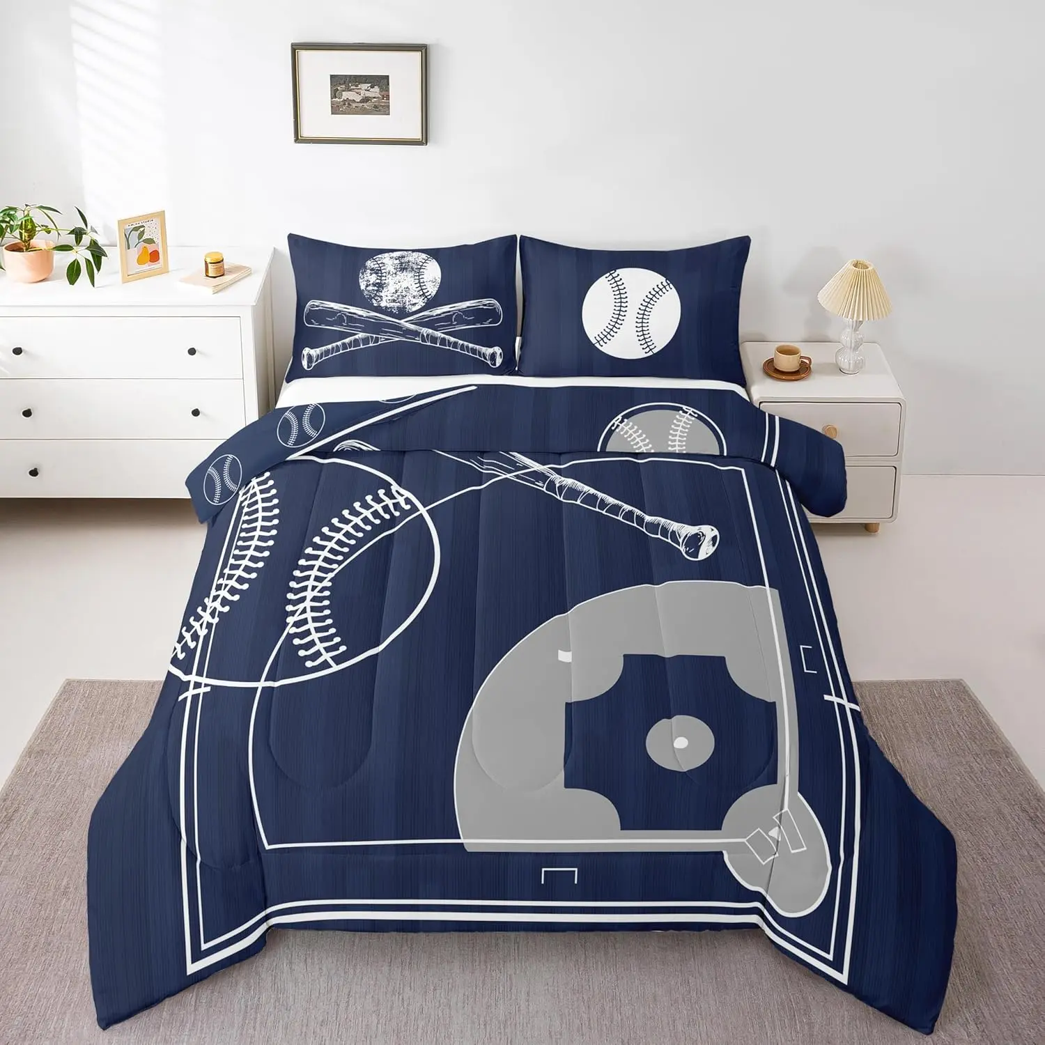 Feelyou Kids Baseball Bedding Set - Reversible Baseball Bed Cover with U-Stitching, Navy Blue Grey Duvet Insert, Multi-Size Travel-Ready Comforter for Boys