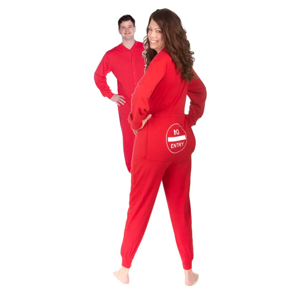Red Union Suit Onesie with Funny Butt Flap NO ENTRY Men & Women 100% Breathable Jersey Knit Cotton Unisex Pajamas XS to XXL