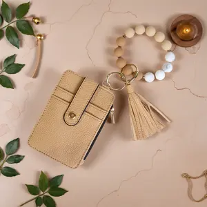 2-in-1 Faux Leather Keychain with Beaded Bracelet, Detachable Wristlet and Card Holder, Stylish Accessory Set for Daily Use or Gifting