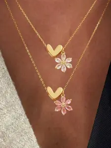 Women's Crystal Flower Heart Shaped Pendant Necklace, Stainless Steel Chain, Casual Fashion Jewelry for All Seasons