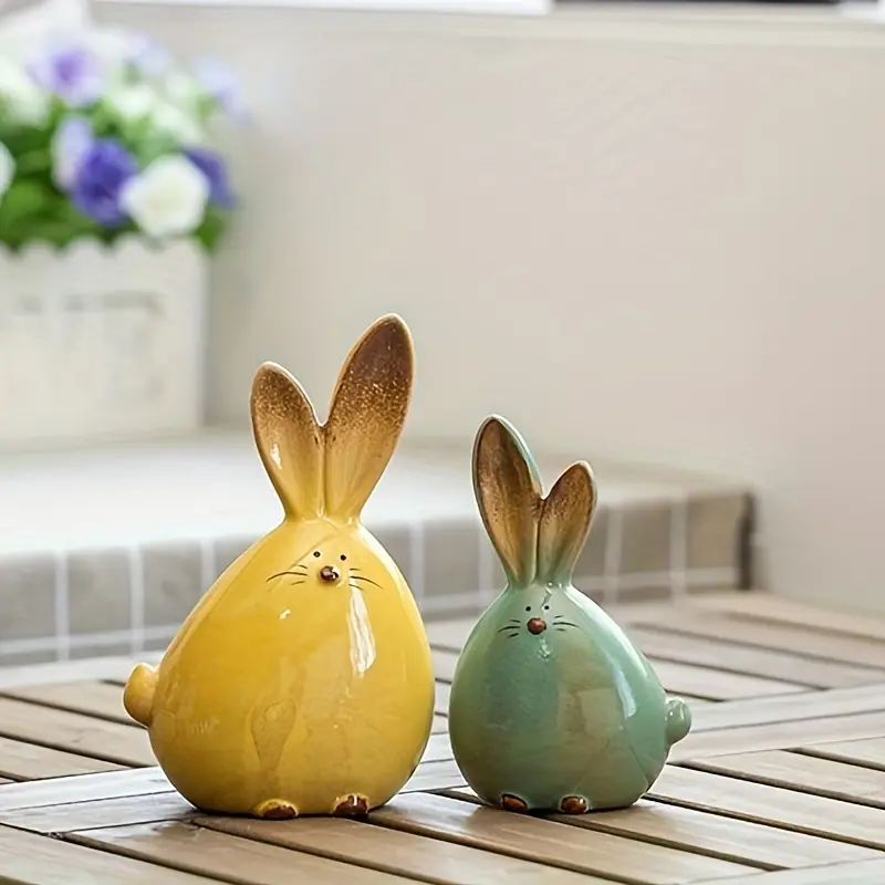 2pcs Charming Ceramic Long-eared Rabbit Statues - Perfect Choice for Home and Party Decor, No Power Required, Suitable for Valentine's Day, Mother's Day, New Year, Easter, St. Patrick's Day Decorations