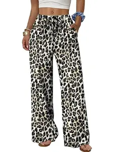 Leopard Print Wide Leg Pants Women Flowy Palazzo Drawstring Elastic Waist Trousers Lounge Pants with Pockets ，2026