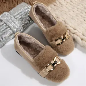 Daily Wear Women's Fuzzy Loafers Metal Buckle Accent, Warm Plush Lining, Comfortable Winter Flats Indoor Outdoor Shoes