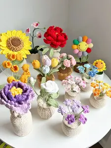 Crochet Flower Pot: sunflower, peony, forget-me-not, rose, orchid. Muilti-color. Everlasting Home Decor , Christmas Gift