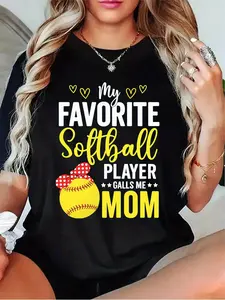 Women's "My Favorite Softball Player Calls Me Mom" T-Shirt - Softball Mom Apparel, Casual Short Sleeve Round Neck Tee, Softball Parent Gift, Black/Grey/White/Dark Red Options for Events & Casual Wear, Machine Washable