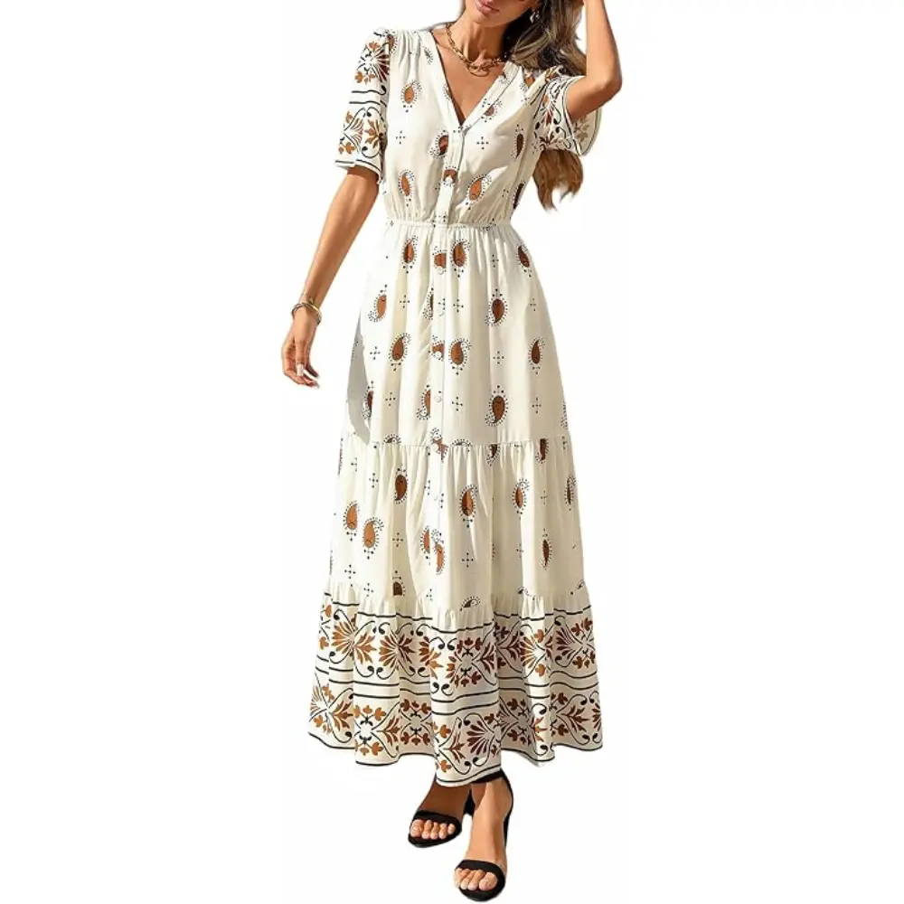 PrettyGarden Women's Summer Boho Maxi Dress Trendy Short Sleeve V Neck Flowy Beach Floral Dresses with Pockets
