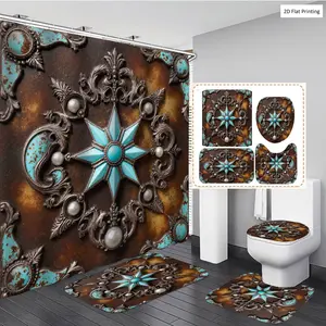 1/3/4PCS Vintage Ornament with Turquoise and Pearl Embellishments Shower Curtain Set with Rugs, Non Slip Bath Mat, U-Shape Carpet, Toilet Lid Cover, Polyester Fabric Bathtub Curtain Accessories, 12 Hooks, Home Bathroom Festival Decor