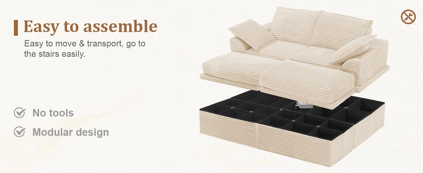 【2 Packages Shipping】NABUMI 71" Small Modular Sectional Sofa with Storage, Extra Deep&High Seat Corduroy Cloud Couch, 2 Seater Loveseat Sofa with Ottomans, Comfy Fluffy, Free Combination, Tool-Free Assembly, Black, Beige, Dark Gray, Green