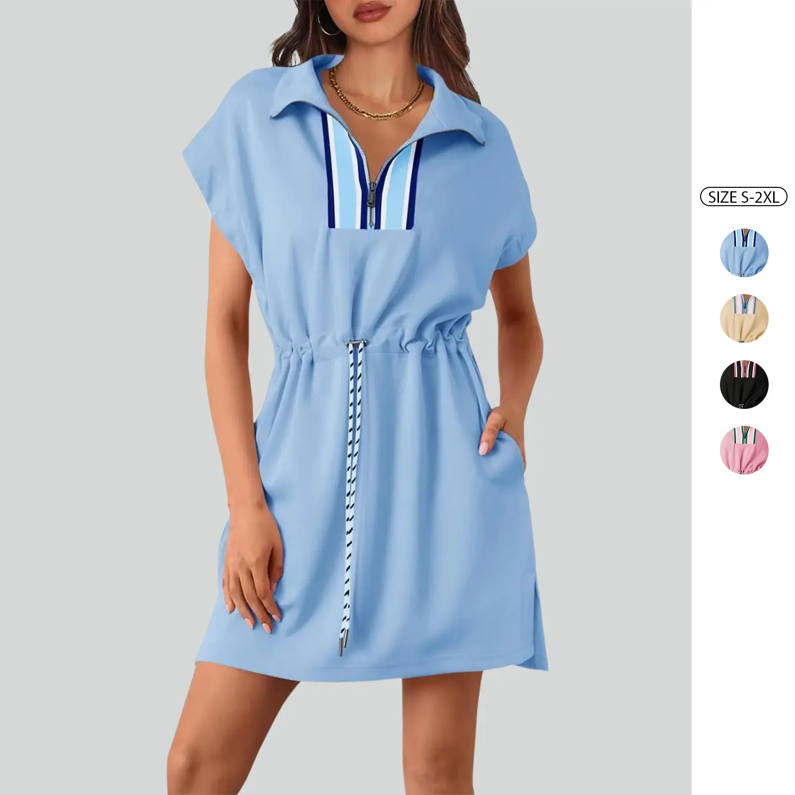 Imily Bela Womens Short Sleeve Mini Dress Summer Quarter Zip V Neck Casual Sweatshirt Dresses with Drawstring Waist