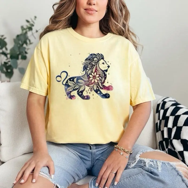Leo  T-Shirt Comfort Colors Summer Everyday Style Shirtsleeve love casual comfortable super soft relaxed fit unisex Sizing womenswear Streetwear  vintage Crewneck Printed Loose Graphic Floral Zodiac Sign, Astrology, birth sign, celestial, horoscope