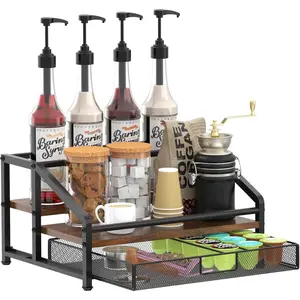 3-Tier Coffee Syrup Organizer Rack, Coffee Station Organizer for Countertop, Coffee Bar Organizer with 35K Cup Storage Basket, Coffee Syrup Holder Stand for Coffee Bar Accessories, Syrup Wine Storage