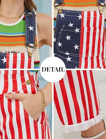 YUANBANG 4th of July American Flag Overalls for Mens Holiday Coveralls USA Romper for Couples Casual Adjustable Straps Fitted Sleeveless Denim Jumpsuit Spring Summer Menswear Fashion Outdoor Pants Patriotic Valentine's Day Gifts SpringStatements