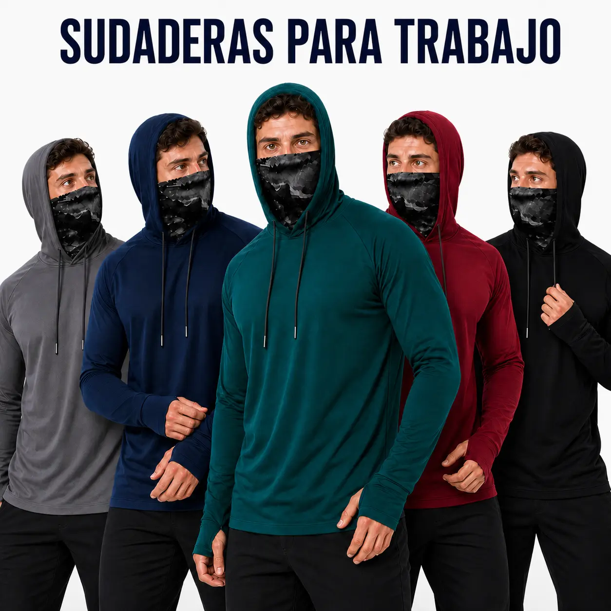 Men's Fitted Lightweight Long Sleeve Polyester Work Hoodies with Built-in Camo Face Cover, 5-Pack Athletic Sportswear for Construction, Outdoor Jobs, Polyester Clothes