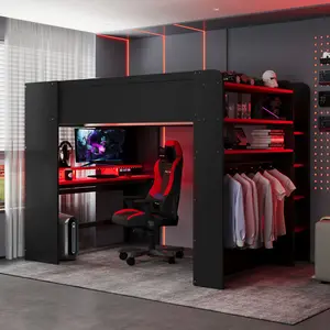 Full Size Gaming Loft Bed with Height-Adjustable Desk, Wardrobe, Ample Storage Space and RGB Light, Solid Wood Bunk Bed Frame for Bedroom, No Box Spring Needed, Red