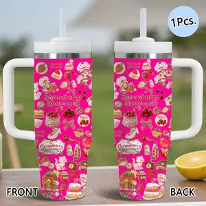 Pink Strawberry Shortcake Cute Girl Vacuum Flasks 40oz Stainless Steel Tumbler with Handle & Straw, Vacuum Insulated Travel Mug Keeps Drinks Cold Up to 34 Hours, Leak-Resistant Cup for Iced Coffee, Water, Office, Gym or Travel
