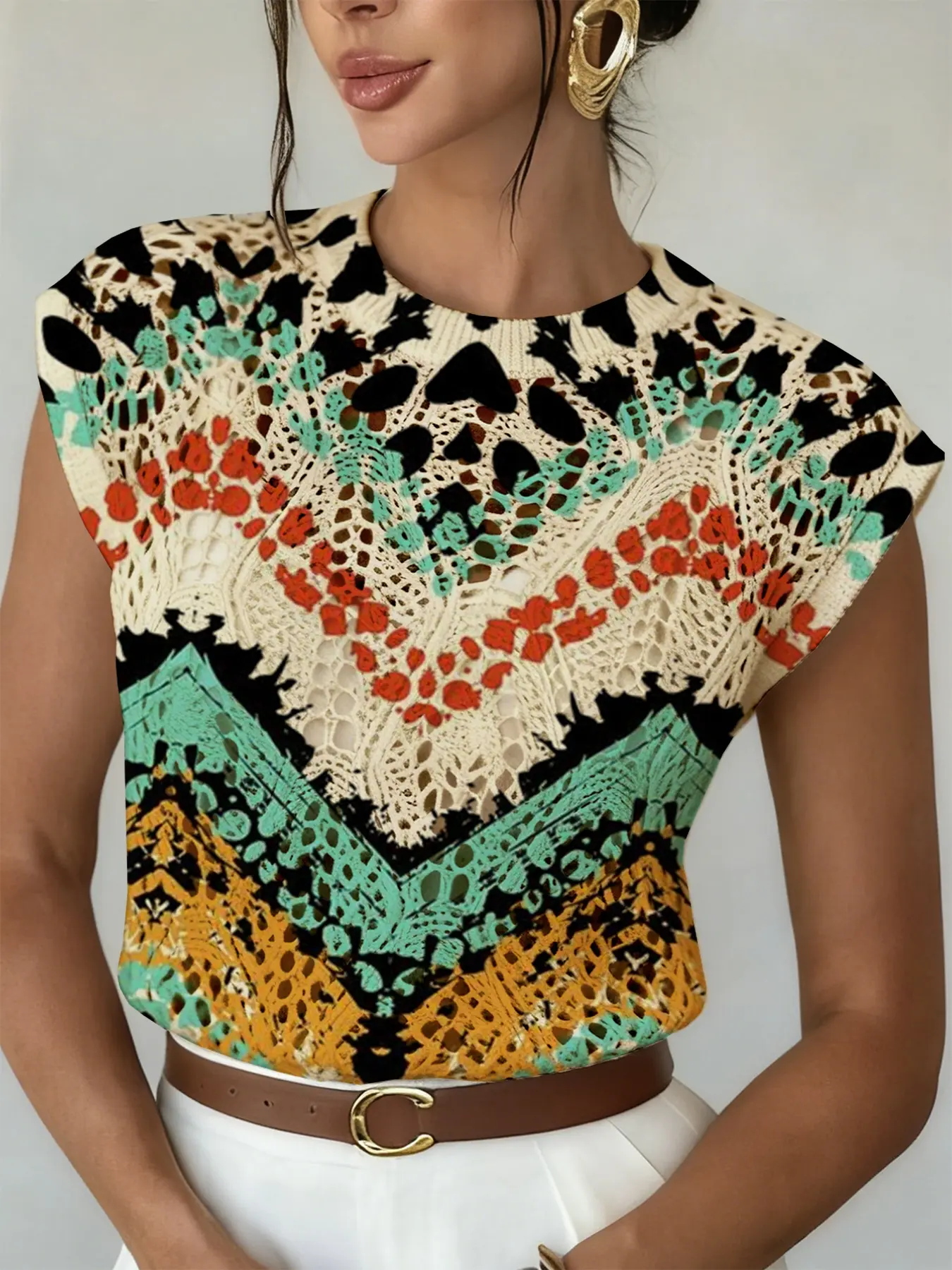 Spring Summer Elegant Women's Colorblock Geometric Print Round Neck Sweater Knitwear, Casual Loose-Fitting Knit Top, Breathable Daily Wear Womenswear Knitting