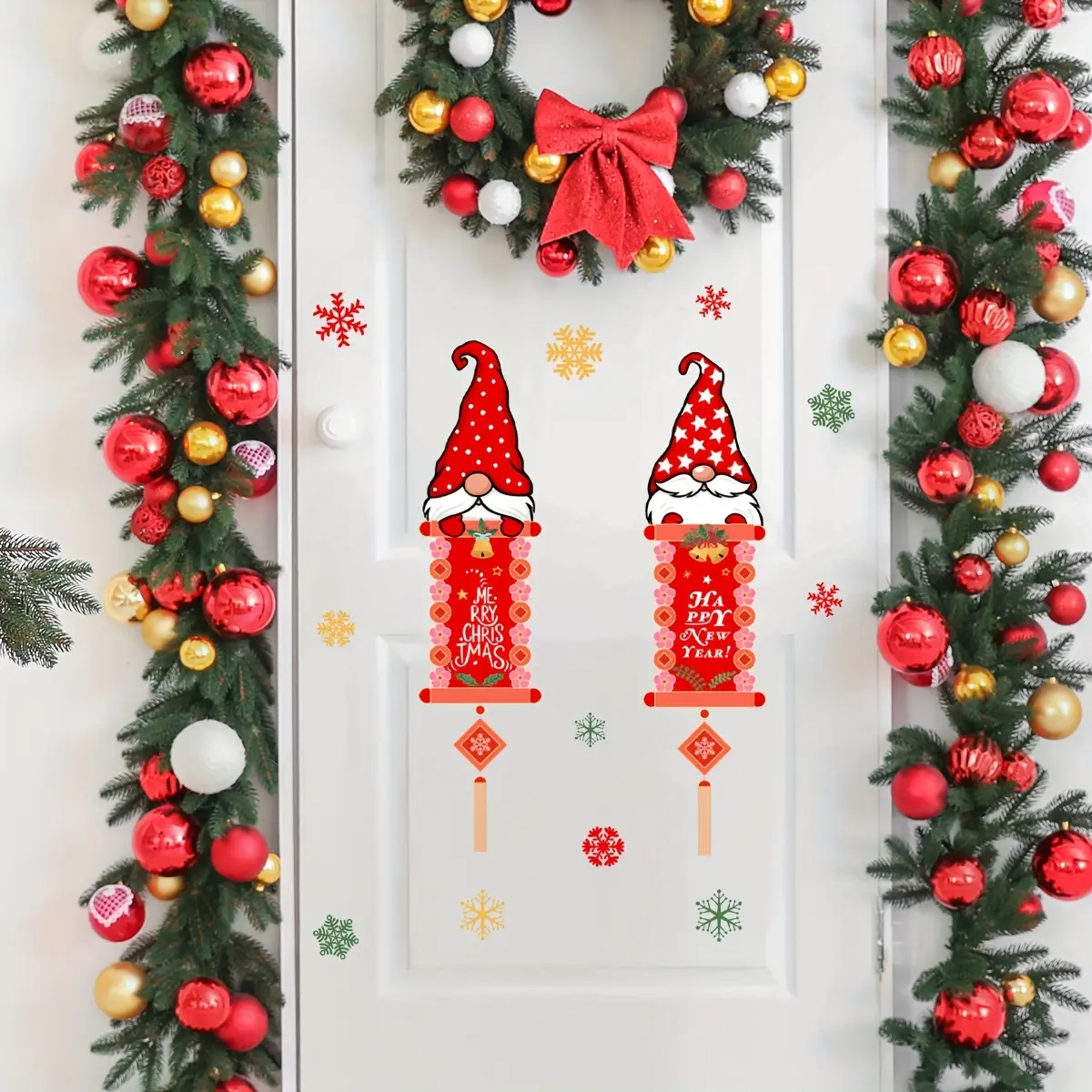 A (30*60cm) Christmas wall sticker featuring a Christmas gnome, old man, and snowflakes – a 2D flat wall sticker for holiday backgrounds and home decoration (MS2088)